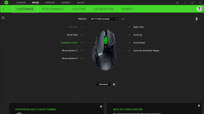 A picture of the setting and controls for the Razer Basilisk V3 X HyperSpeed mouse.