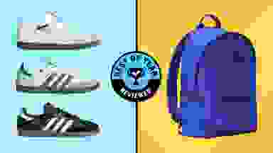 Side-by-side image of three differently colored Adidas shoes in profile and a blue backpack from Dagne Dover with Reviewed's Best of Year logo in the center.
