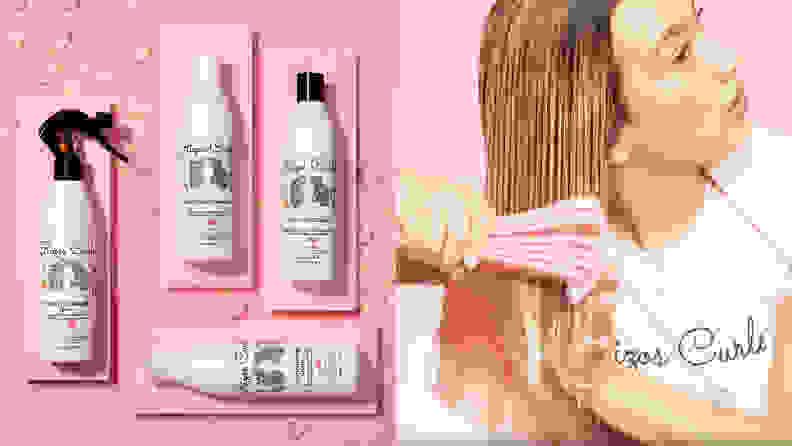 haircare products on a pink background next to a woman brushing her wet hair