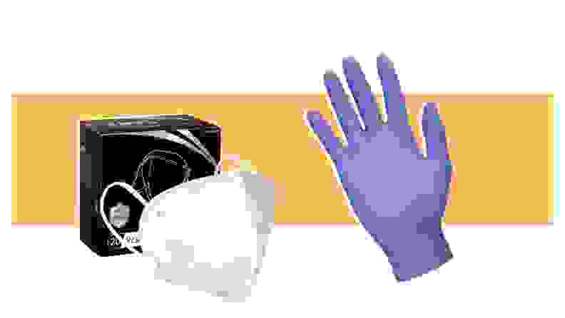 A Hotodeal KN95 mask next to a purple Safety Zone medical glove on an orange background.