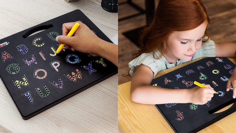 On left, hand using writing utensil on a alphabet tracing board. On right, young child using writing utensil on a alphabet tracing board