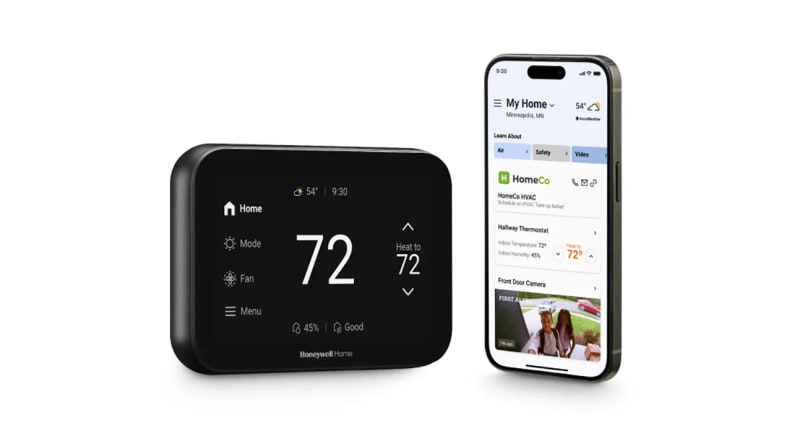 Honeywell Home X8S Smart Thermostat shown next to a smartphone displaying device pairing in use against a white background.