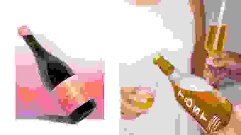 Left: A bottle of non-alcoholic wine with a pink label leans to the left against a pink-to-white gradient background. Right: A hand pours a glass of Töst non-alcoholic wine.