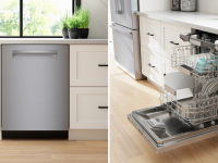 A Bosch Bencdishwasher closed on the left and open on the right.