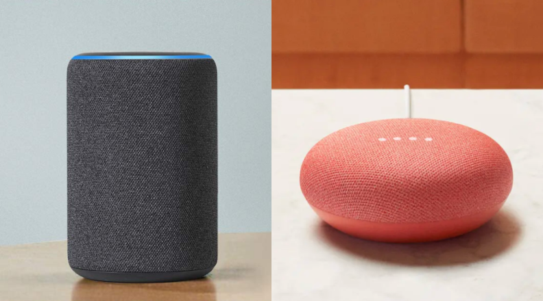 A side-by-side of an Amazon Echo (third-generation) speaker next to a Google Nest Mini.