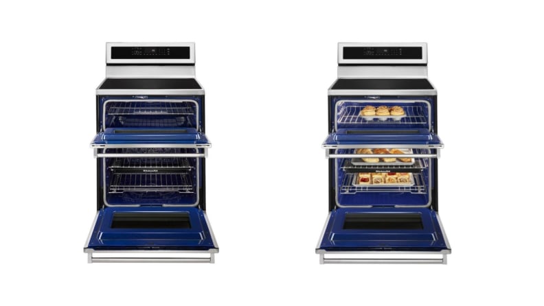 Side by side images of a KitchenAid double oven induction range with the oven door ajar.