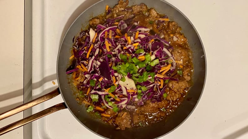 I used my best nonstick pan for this, which was admittedly a bit small for this dish.