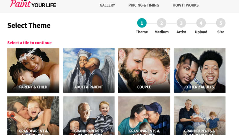 On the Paint Your Life webpage, a selection of the type of portrait can be made, including couple, parent & child, adult & parent, grandparents & grandchildren, and more.