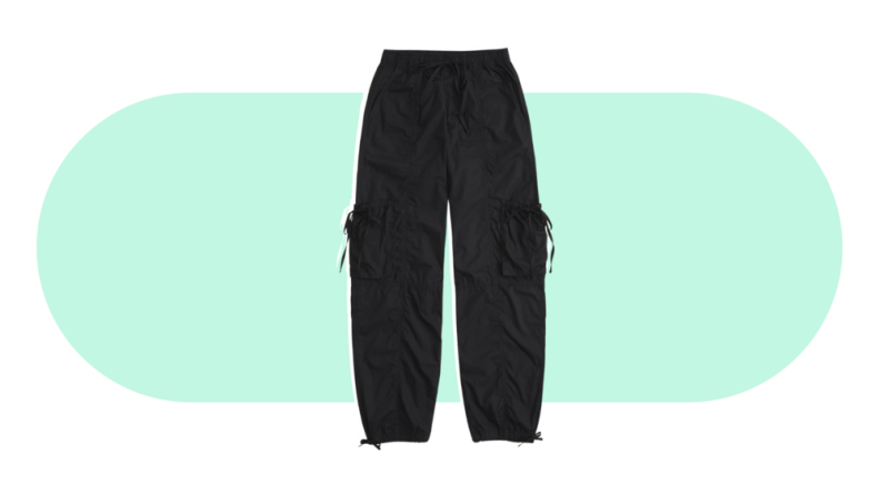 A pair of black parachute cargo pants.