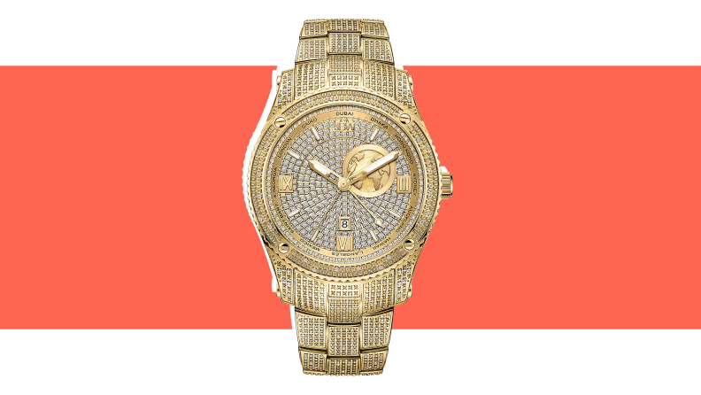 An image of a gold-plated watch with diamond accents.