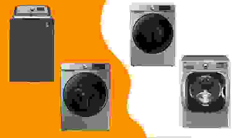 Two washers and two dryer sets against an orange background.