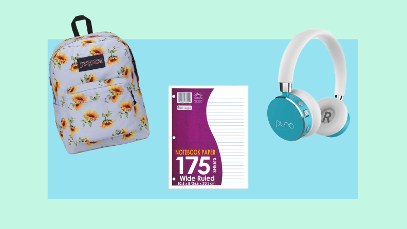 On a light blue background: A JanSport backpack, a package of lined paper, and a pair of Puro headphones.