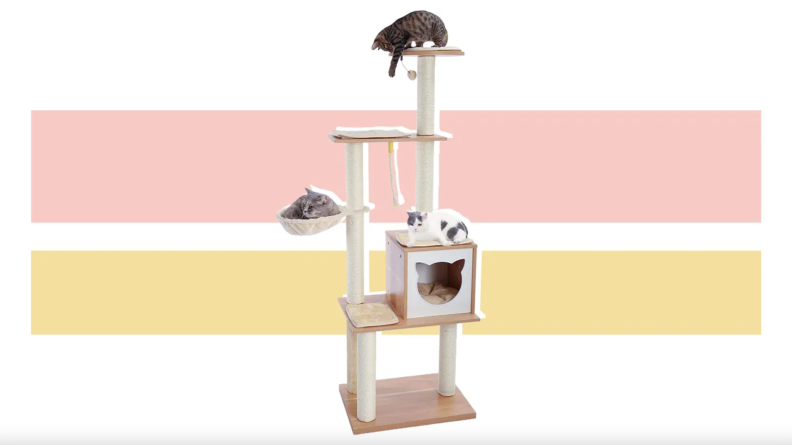 Three cats playing on cat tower.