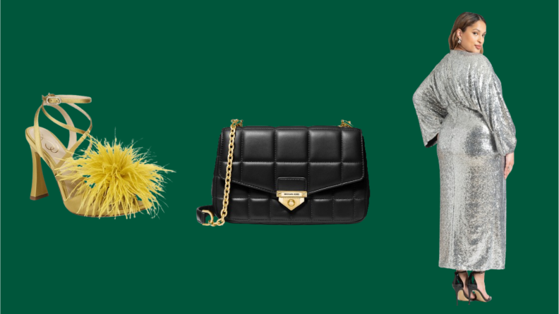 Collage of a feathered yellow-green shoe, a black leather quilted bag, and a model wearing a silver sequin dress.