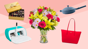 A box of chocolates, a skillet, a red purse, a Critcut machine, and a vase of flowers against a pink and dark pink background.
