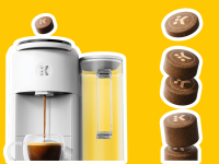 Keurig machine and stack of K-Rounds on a yellow background