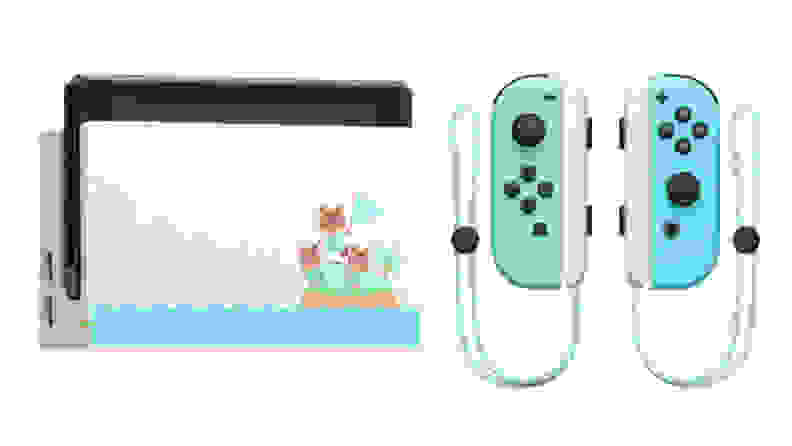 Animal crossing nintendo switch with controllers on white background.