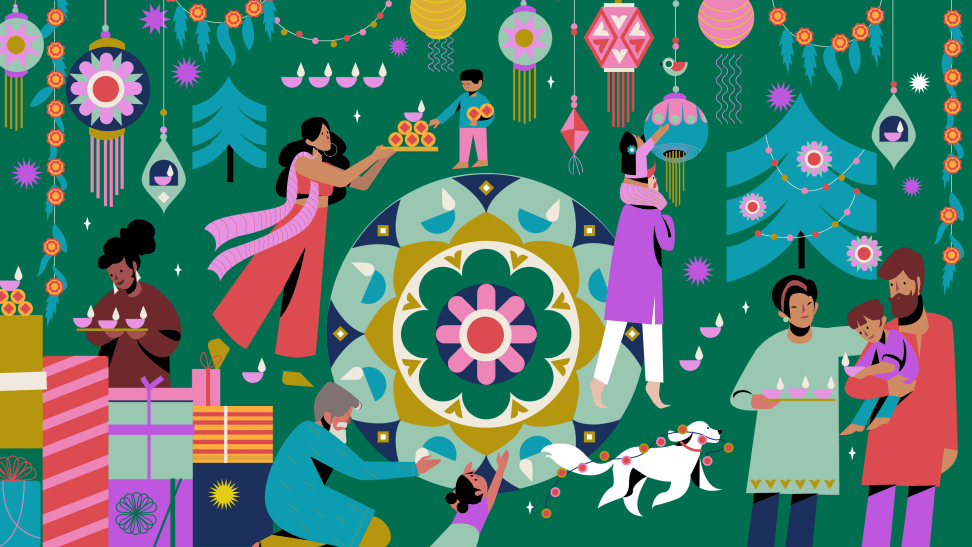 Colorful background with people celebrating diwali