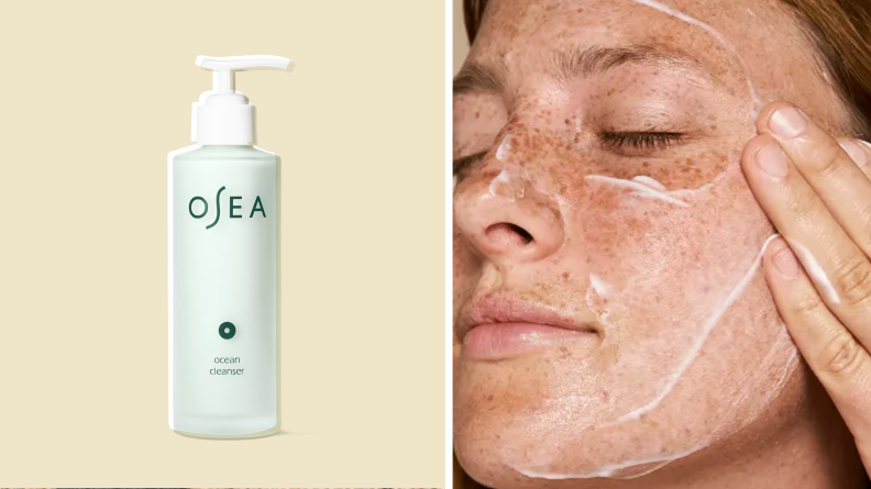 On the left: A pump bottle with a light mint green liquid inside on a tan background. On the right: A closeup on a model's face massaging a cleanser into their skin.