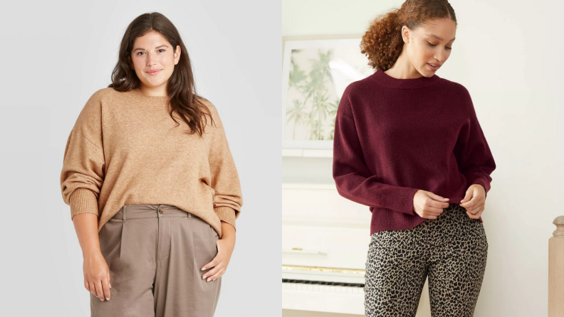 Two images of women in crew neck sweaters. The first image is of a brunette woman in a tan sweater, the second is of a brunette woman in the same sweater in burgundy.
