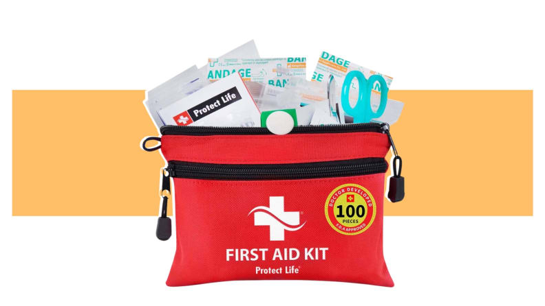 A red, Protect Life First Aid kit on an orange background.