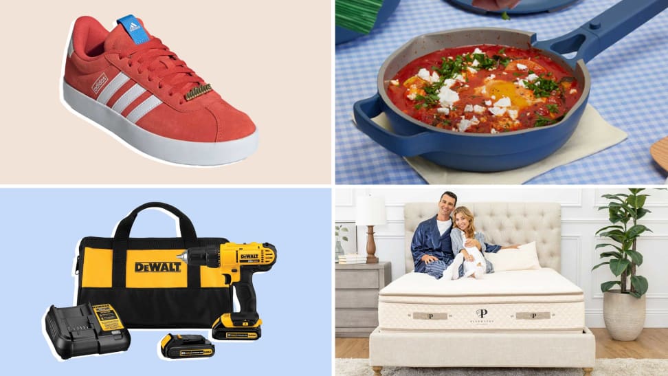 adidas sneakers, DeWalt drill, Our Place cookware, couple on a PlushBeds mattress