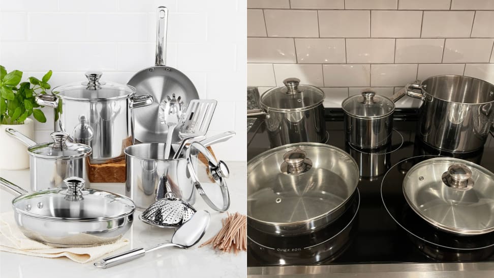 A side by side image of a stainless steel cookware set: on the left, they are artfully arranged to display every piece of equipment, on the right, you see them in action on a stovetop in a kitchen.