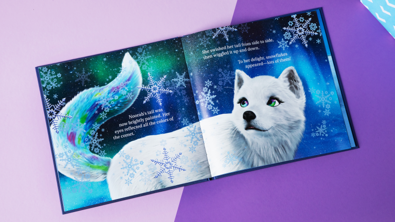 An open book with a white fox sits on a purple background