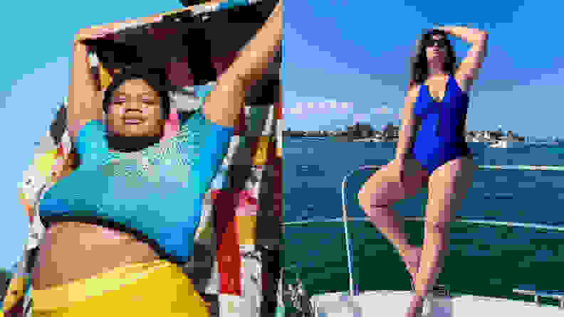 An image of two humans, one on a boat leaning up against a railing, wearing Chromat swimwear.