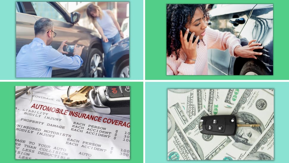 A collage showing off two accidents, a car insurance bill and a car key on top of money.