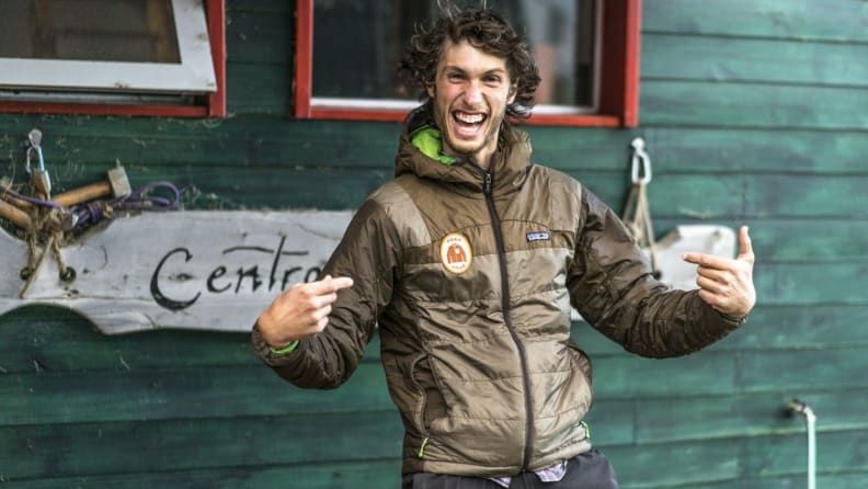 man pointing at his own Patagonia jacket