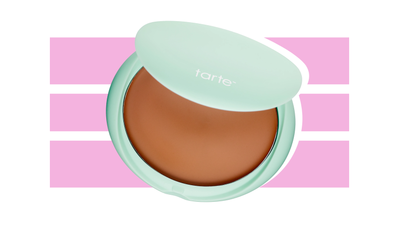 Tarte Sea Breezy Cream Bronzer against a pink and white background.