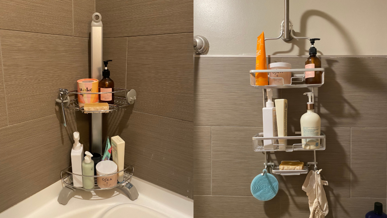 A side by side image of shower caddies installed in a tiled bathroom