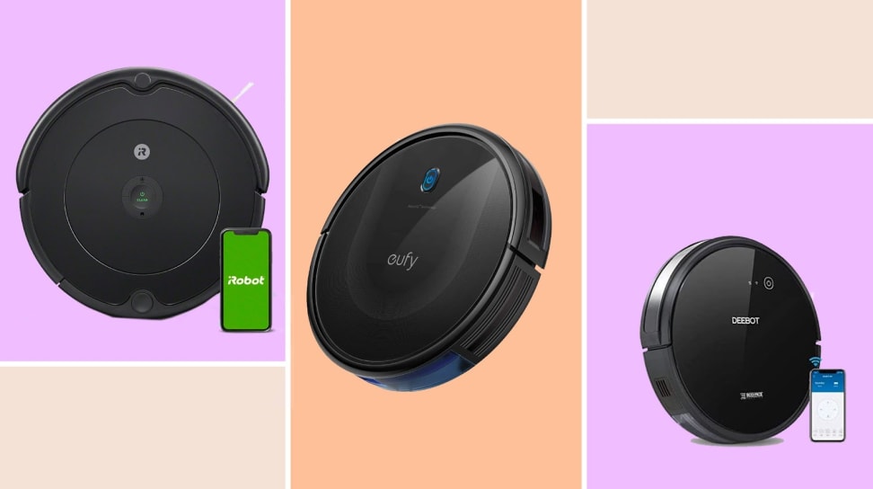 An iRobot 694, Eufy 11S Max, and Ecovacs 601 on a multicolored background.