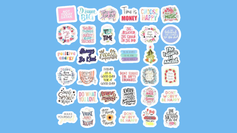 A group of stickers with different saying on them on a blue background.