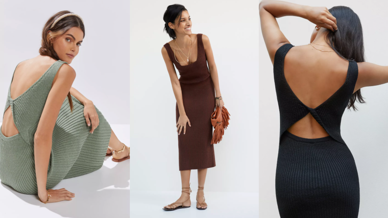 woman wearing midi knit dress in green, black, and chocolate