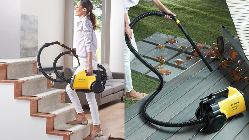 On the left: A woman carries a yellow canister vacuum up a st of stairs. On the right: A person blows leaves with a vacuum hose.