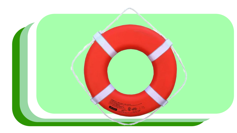 Single orange and white lifebuoy with rope attached around perimeter.