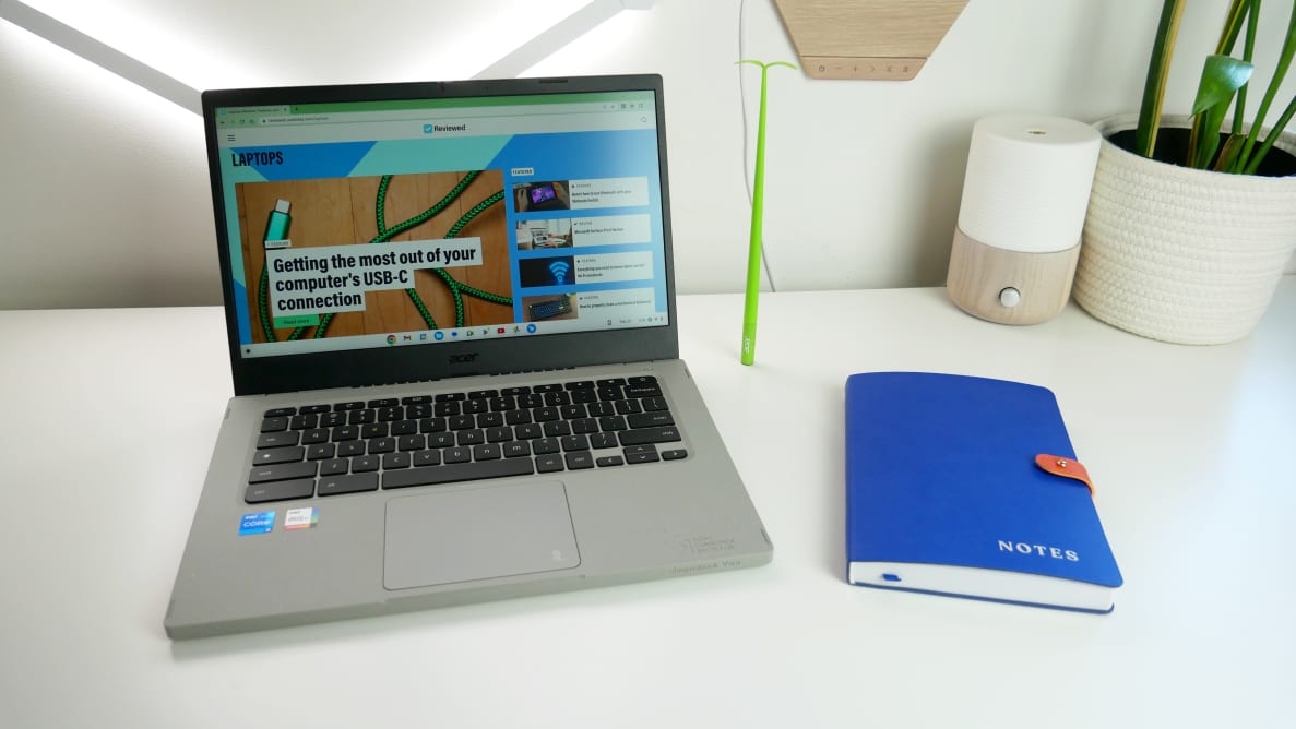 The Acer Chromebook Vero 514 on a white table.