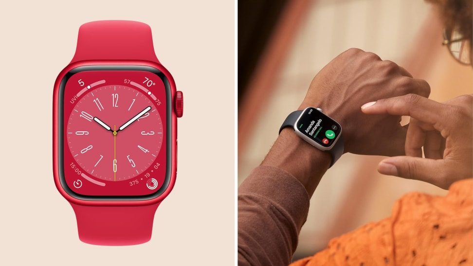 A red Apple Watch Series 8 in front of a colored background next to someone wearing said watch.