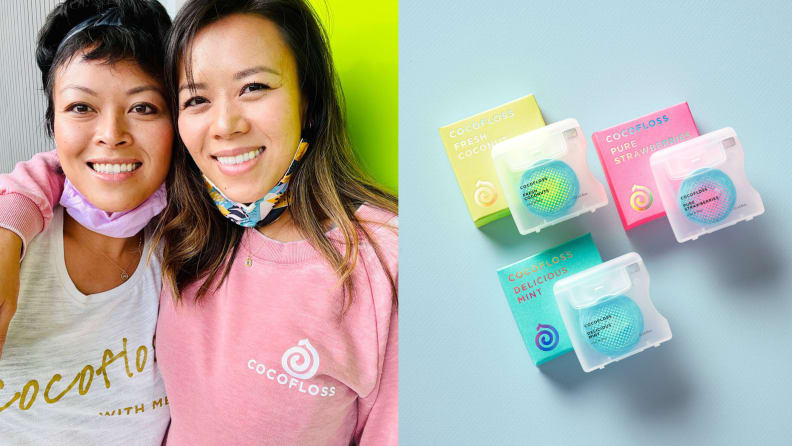 Left: Asian female founders of Cocofloss, right: multi-colored cocofloss on blue background