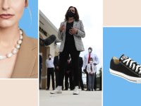 A model wearing a pearl necklace, a black low-top Converse sneaker, and a photograph of Vice President Kamala Harris in which she is wearing a pearl necklace and Converse sneakers.