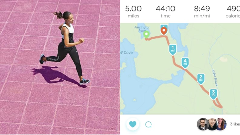 left: woman running on pink background. right: asics runkeeper.