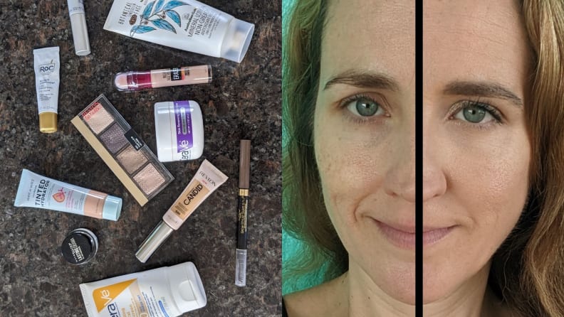 An array of the beauty products used and a face half made up, half bare