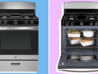 Two shots of the GE JGBS30REKSS gas range (one closed and another open with baked food inside) in front of a background.