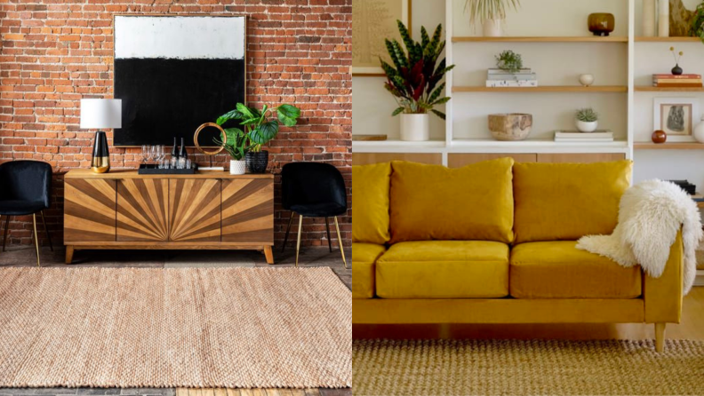 On left, rectangular handspun jute rug on floor in brick room in front of credenza. On left, yellow couch from Sabai in living room.