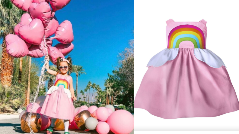 On left, young girl in pink rainbow sundress holding pink balloons outdoors and smiling. On left, product shot of pink rainbow sundress.