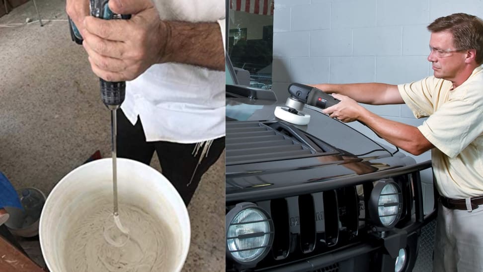 On left, person using mixer attachment to stir liquid in bucket. On right, person using buffer tool to shine car hood.