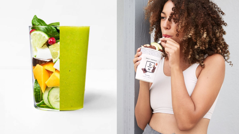 On left, a glass that's half filled with fresh produce and half filled with smoothie. On right, person sipping Daily Harvest smoothie.