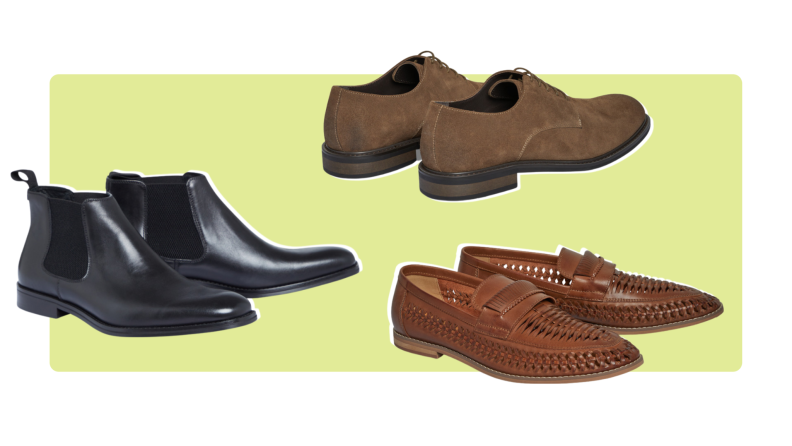 A pair of black boots, brown suede dress shoes, and braided men's shoes.